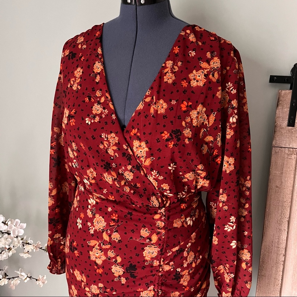 Floral Wrap Midi Dress in Burgundy